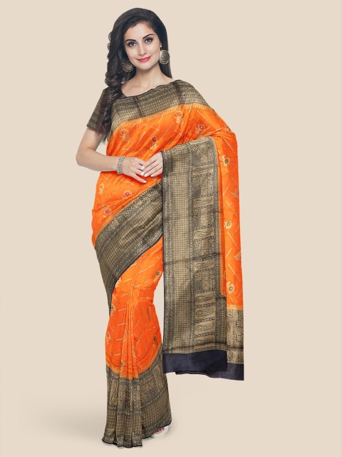 

KLM Fashion Mall Orange & Brown Floral Silk Blend Banarasi Saree