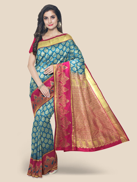 

KLM Fashion Mall Blue & Red Woven Design Zari Silk Blend Kanjeevaram Saree