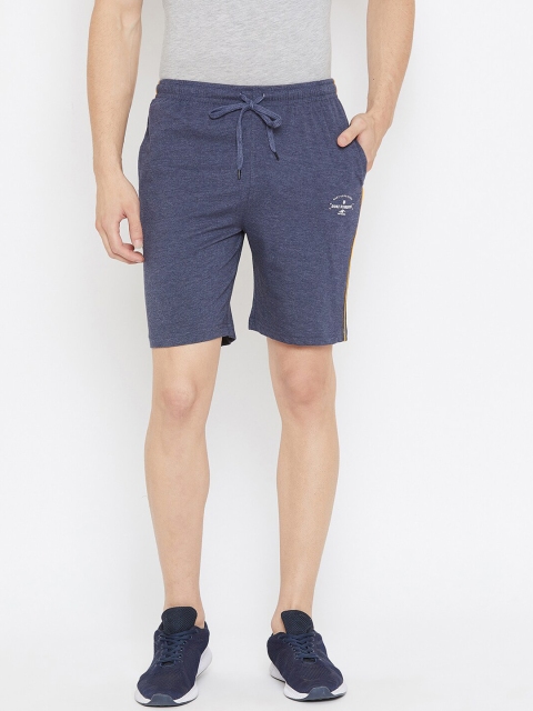 

Duke Men Blue Solid Cotton High-Rise Shorts with Printed & Side Striped Detail