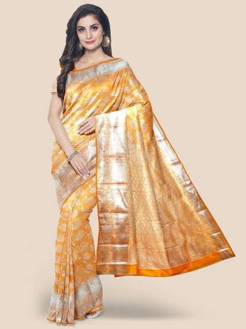 

KLM Fashion Mall Mustard & Silver-Toned Ethnic Motifs Silk Blend Kanjeevaram Saree