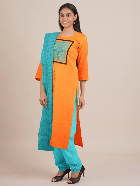 

Pothys Orange & Blue Printed Unstitched Dress Material