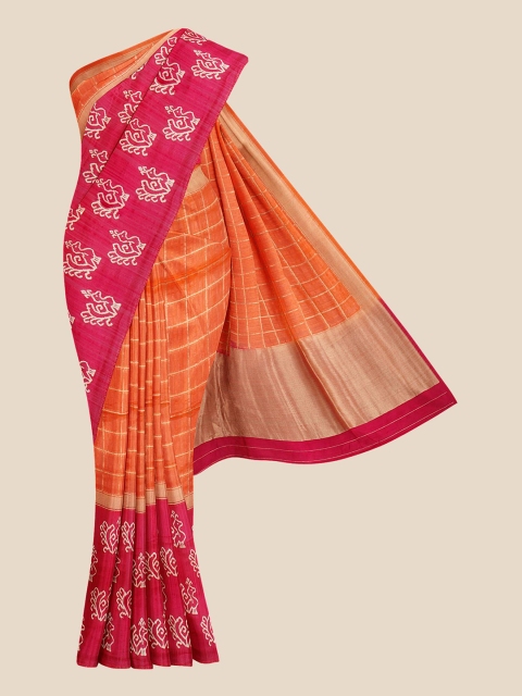 

KLM Fashion Mall Coral & Orange Checked Zari Silk Blend Banarasi Saree