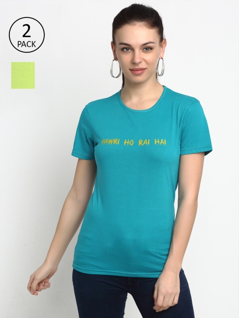 

VIMAL JONNEY Women Pack Of 2 Blue & Green Typography Printed T-shirt
