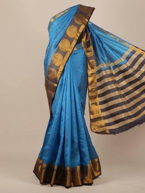 

Pothys Blue & Gold-Toned Ethnic Motifs Zari Jute Silk Saree