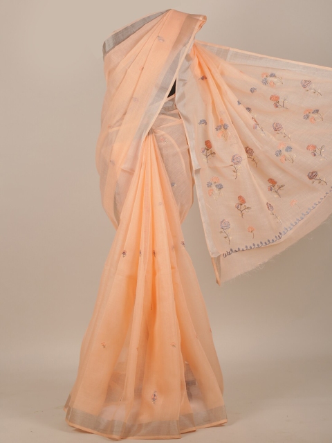 

Pothys Peach Floral Zari Cotton Blend Saree