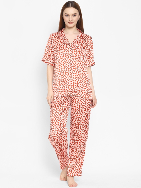 

Twenty3 Women White & Orange Printed Night suit