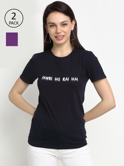 

VIMAL JONNEY Set Of 2 Women Purple & Black Typography Printed Applique T-shirt