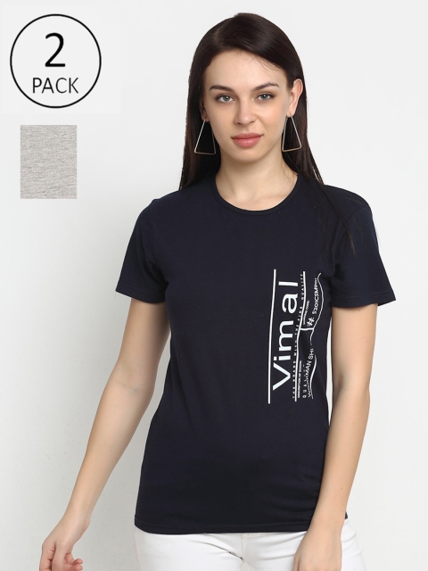 

VIMAL JONNEY Women Navy Blue Typography Printed T-shirt Pack of 2