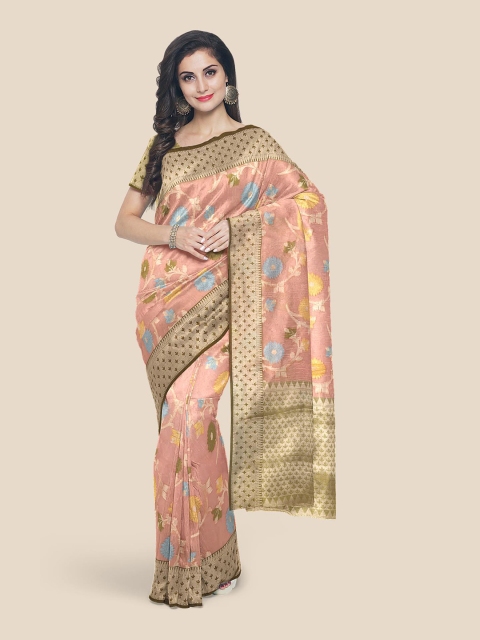 

Kalamandir Coral Pink & Gold-Coloured Floral Zari Silk Blend Banarasi Saree