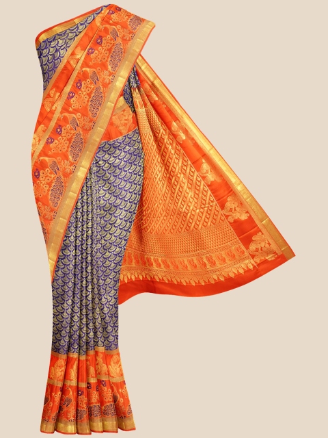 

KLM Fashion Mall Navy Blue & Orange Woven Design Zari Silk Blend Kanjeevaram Saree
