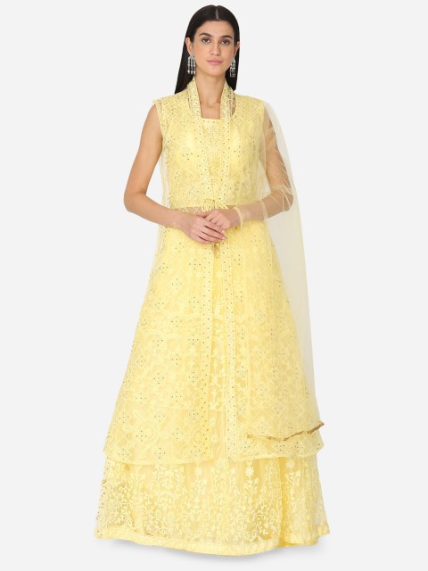 

BOMBAY SELECTIONS Yellow & Brown Embroidered Beads and Stones Unstitched Lehenga & Ready to Wear Blouse With