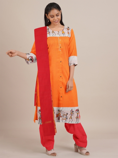 

Pothys Orange & Red Printed Unstitched Dress Material