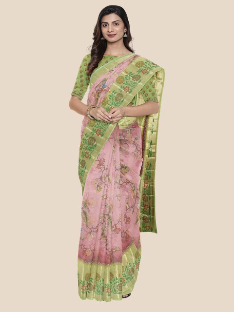 

KLM Fashion Mall Pink & Green Floral Zari Silk Blend Banarasi Saree