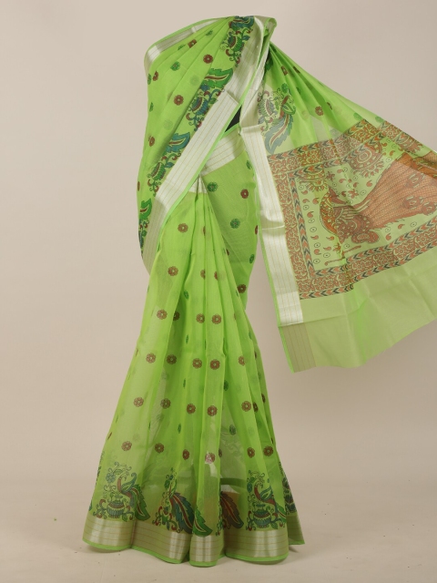 

Pothys Women Lime Green & Red Ethnic Motif Printed Zari Cotton Blend Saree