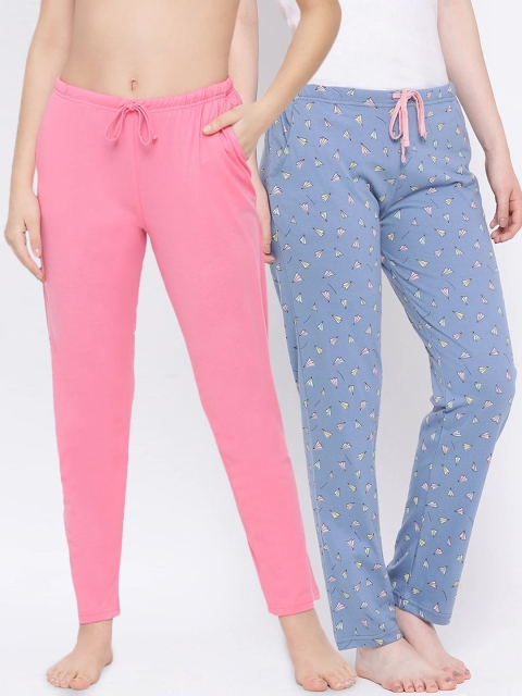 

Kanvin Women Pack Of 2 Printed Pure Cotton Lounge Pants, Pink