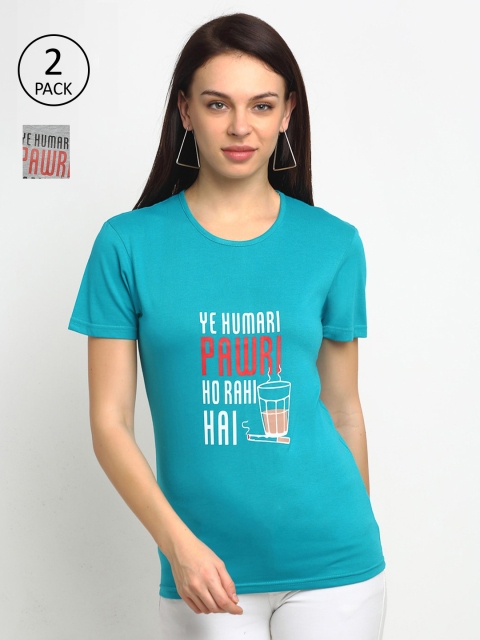 

VIMAL JONNEY Women Pack Of 2 Grey & Teal Blue Typography Printed T-shirt