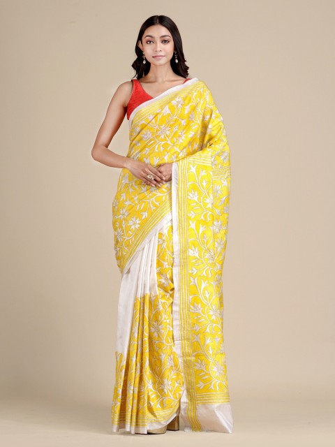 

Mitera Yellow Floral Pure Silk Saree