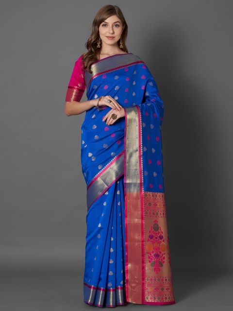 

Mitera Blue & Pink Ethnic Motifs Zari Silk Blend Banarasi Saree