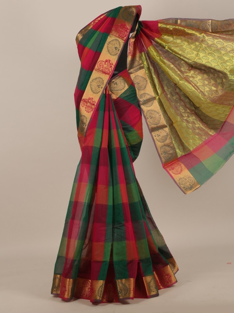 Pothys Red & Green Ethnic Motifs Zari Silk Cotton Saree