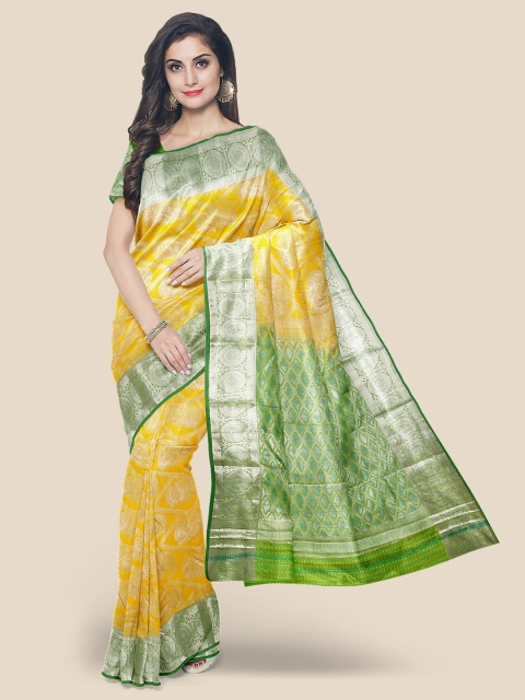KLM Fashion Mall Yellow & Silver Woven Design Zari Silk Blend Kanjeevaram Saree