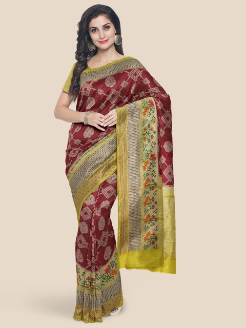 

KLM Fashion Mall Maroon & Yellow Ethnic Motifs Silk Blend Banarasi Saree