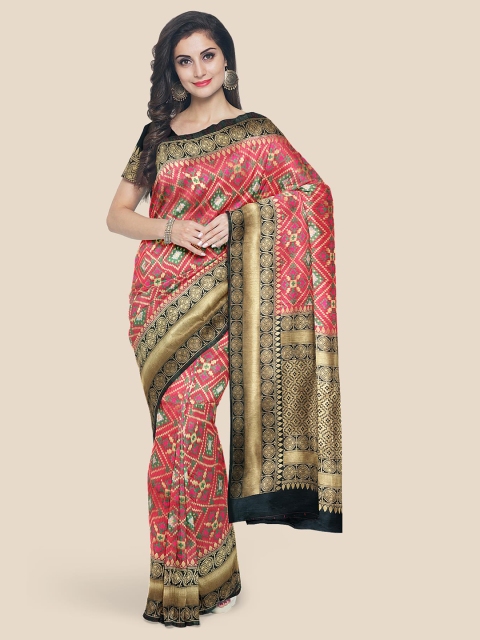 

KLM Fashion Mall Pink & Green Woven Design Silk Blend Banarasi Saree