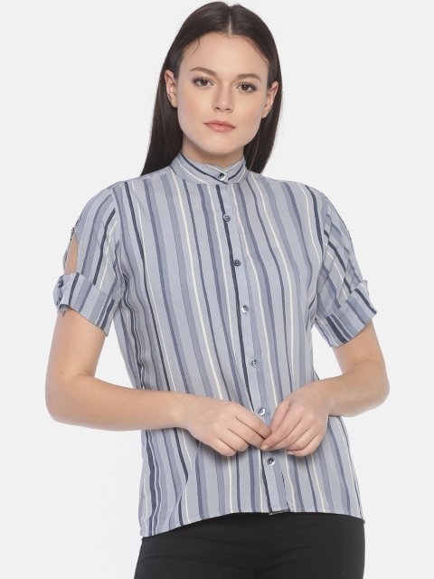 

COUPER & COLL Grey Striped Mandarin Collar Slit Sleeve Shirt Style Top