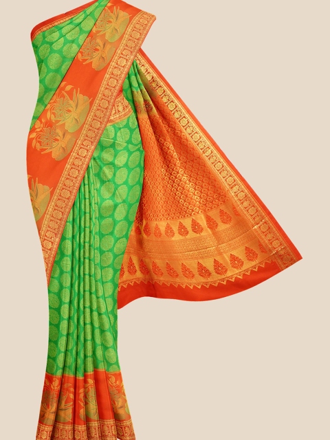 

Kalamandir Green Ethnic Motifs Zari Silk Blend Kanjeevaram Saree