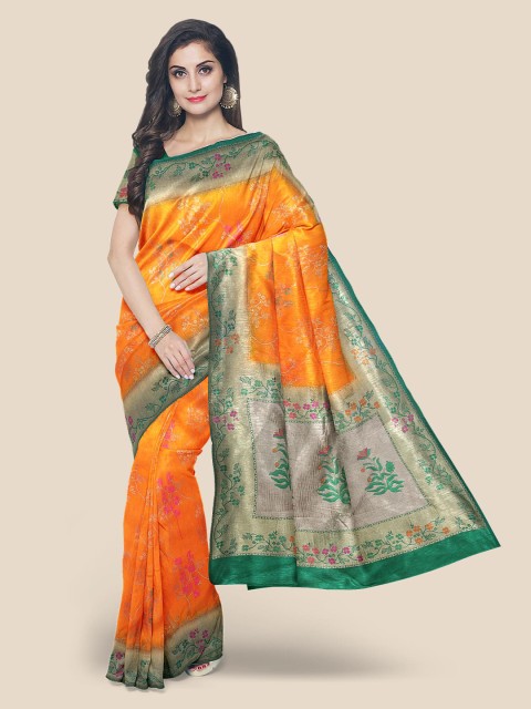 

KLM Fashion Mall Orange & Green Floral Silk Blend Banarasi Saree