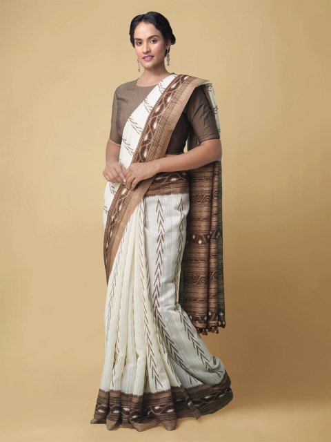 Unnati Silks Off White & Brown Silk Blend Sambalpuri Saree