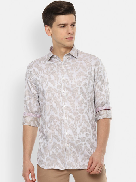 

V Dot Men Beige & Wihte Slim Fit Printed Pure Cotton Casual Shirt