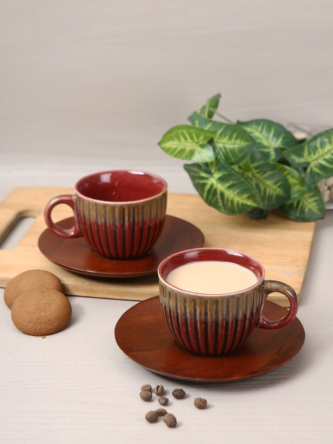 

Aapno Rajasthan Set Of 2 Red & Black Printed Ceramic Glossy Cups & Saucers