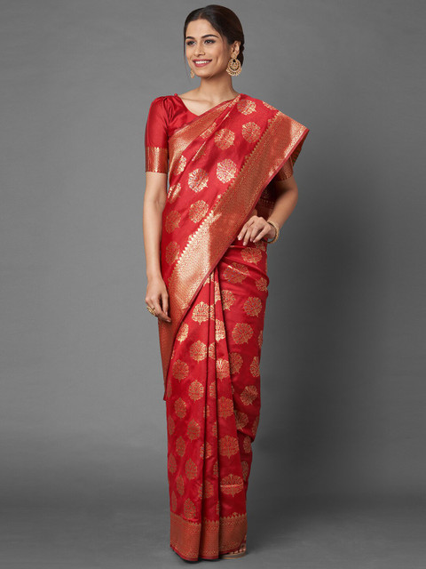 

Mitera Red & Gold-Toned Ethnic Motifs Zari Silk Blend Bagh Saree
