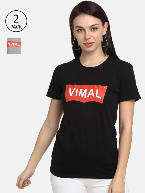 

VIMAL JONNEY Women Black Typography Pack of 2 Printed T-shirts
