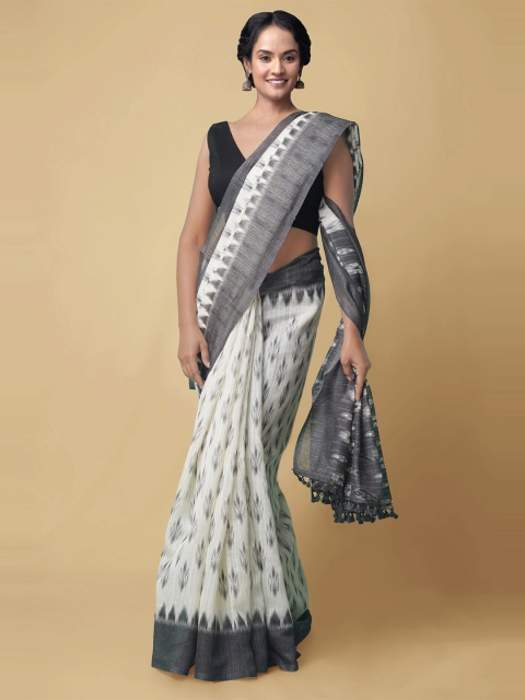 

Unnati Silks Off White & Grey Silk Blend Sambalpuri Saree