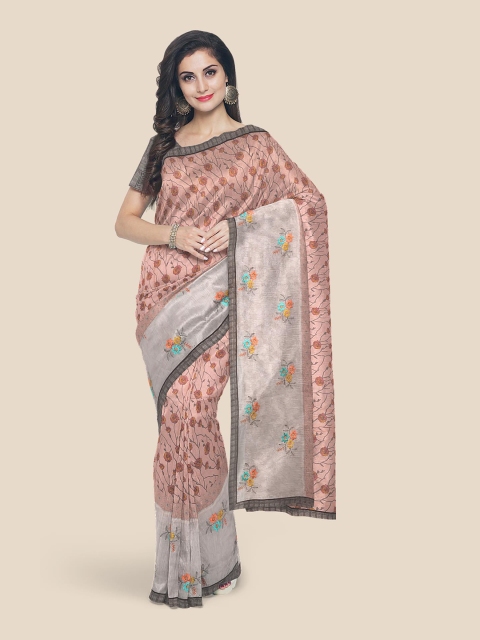 

Kalamandir Peach Floral Embroidered Supernet Saree