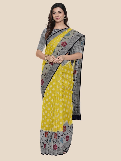

KLM Fashion Mall Yellow & Silver-Toned Ethnic Motifs Zari Silk Blend Saree