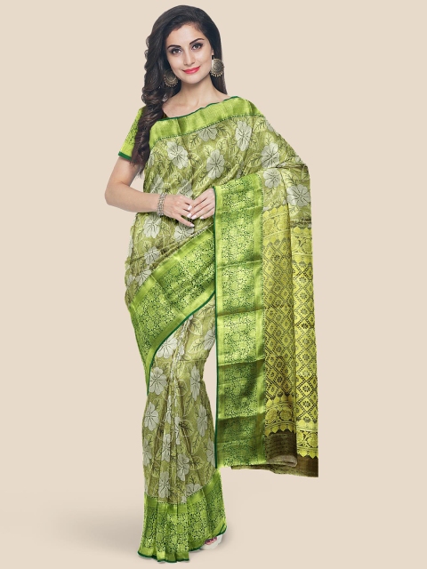 

KLM Fashion Mall Green Floral Silk Blend Kanjeevaram Saree