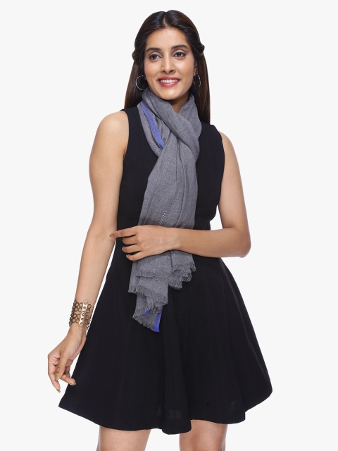 Scarves & Glitters Women Grey Melange & Blue Stone Embellished Stole