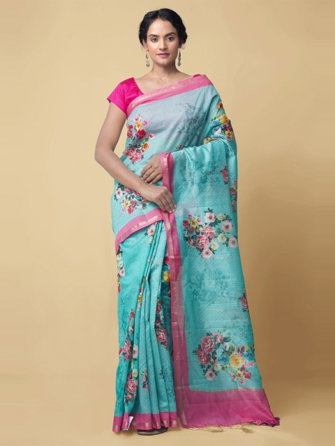 

Unnati Silks Blue & Pink Floral Silk Cotton Chanderi Saree