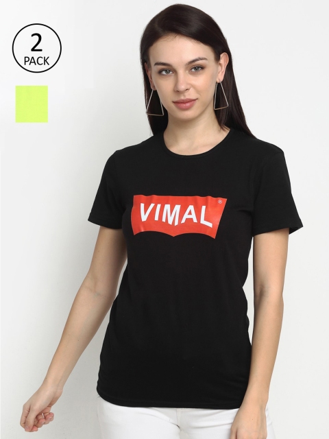 

VIMAL JONNEY Women Pack Of 2 Black & Lime Green Typography Printed T-shirt