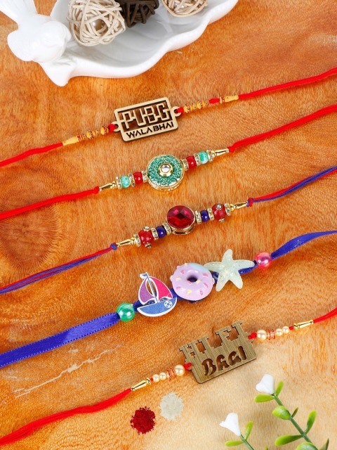 

PASSION PETALS Set Of 5 Rakhi With Roli Chawal And Card, Blue
