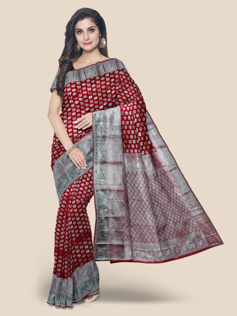 

Kalamandir Maroon & Silver-Toned Woven Design Silk Blend Kanjeevaram Saree