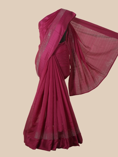 

Pothys Violet & Silver-Toned Embellished Beads and Stones Jute Silk Saree