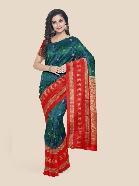 

Kalamandir Teal & Red Ethnic Motifs Zari Silk Blend Kanjeevaram Saree