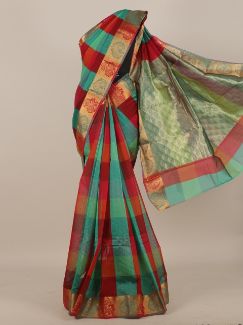 

Pothys Sea Green & Red Checked Zari Silk Cotton Saree