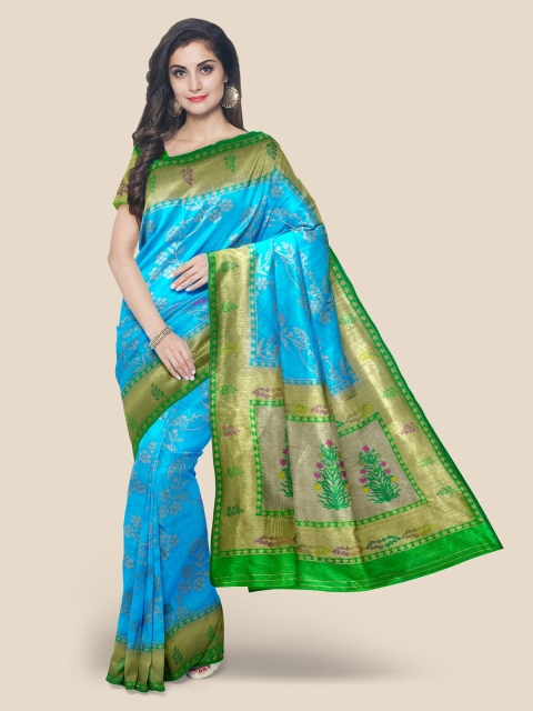 

KLM Fashion Mall Blue & Green Woven Design Silk Blend Banarasi Saree