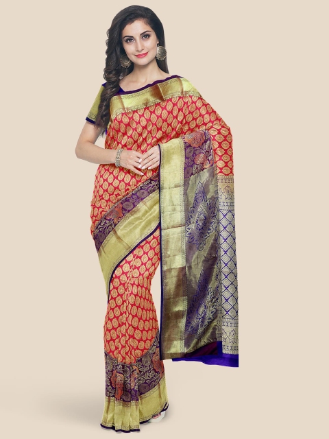 

KLM Fashion Mall Pink & Blue Woven Design Silk Blend Kanjeevaram Saree
