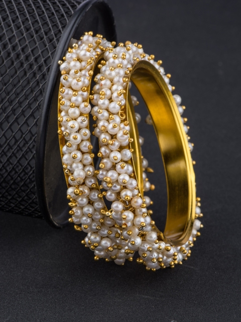 

Alankruthi Set Of 2 Gold-Plated White Moti Beaded Handcrafted Antique Bangles