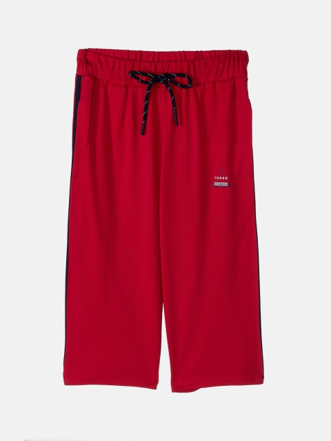 

Monte Carlo Boys Red Solid Cotton Blend Side Black & White Taped Capri
